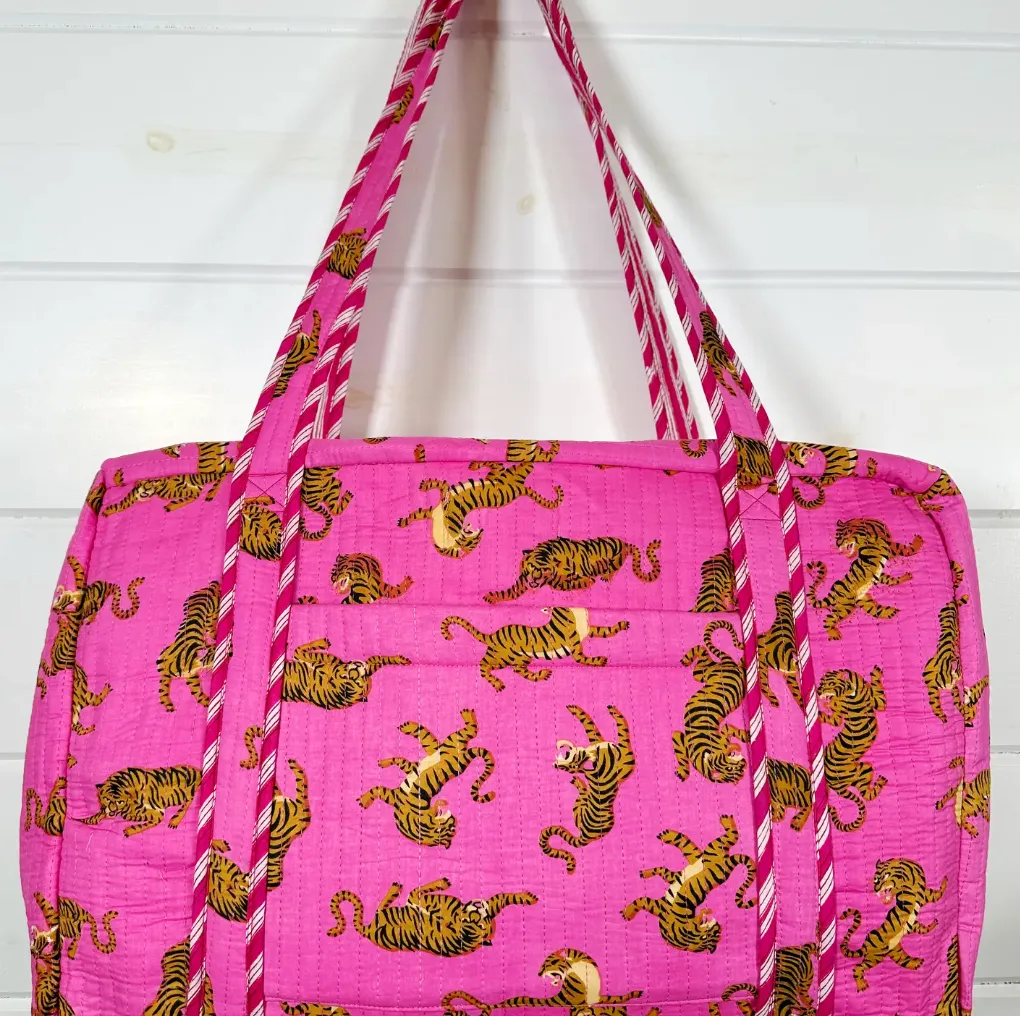 Quilted Weekender Duffle Bag | Pink SMALL Tiger Print