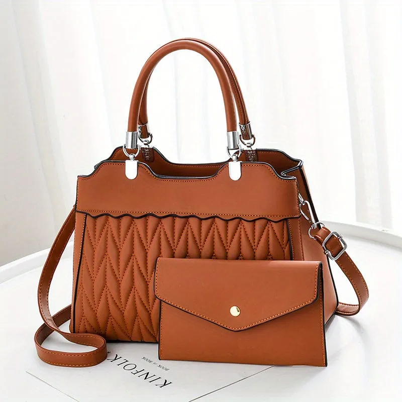 realaiot  2Pcs Quilted Handbags Set, Fashion Faux Leather Crossbody Bag With Clutch Purse, Women's Top Handle Satchel Purse