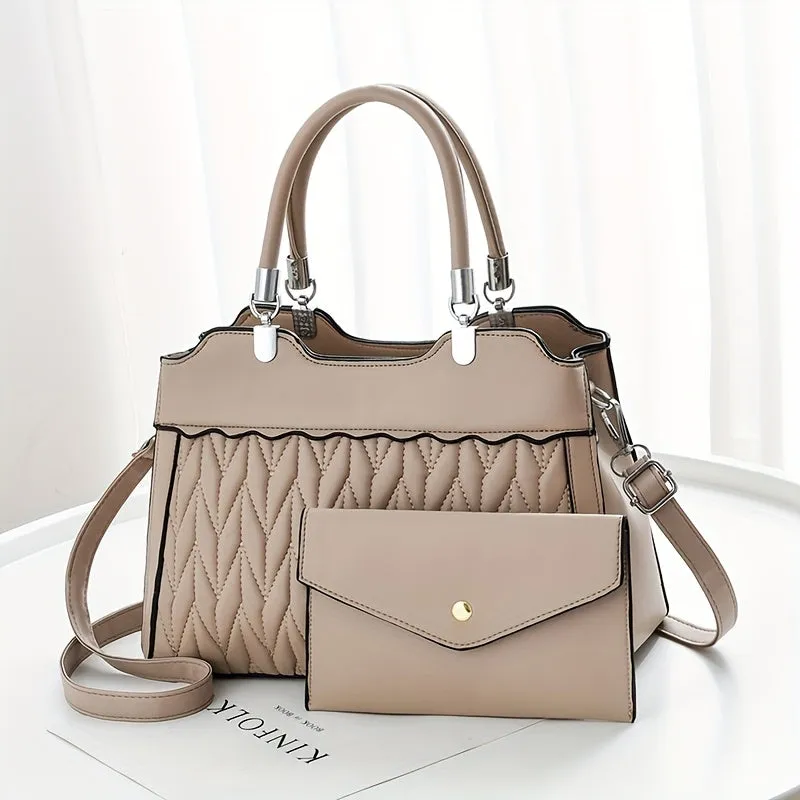 realaiot  2Pcs Quilted Handbags Set, Fashion Faux Leather Crossbody Bag With Clutch Purse, Women's Top Handle Satchel Purse