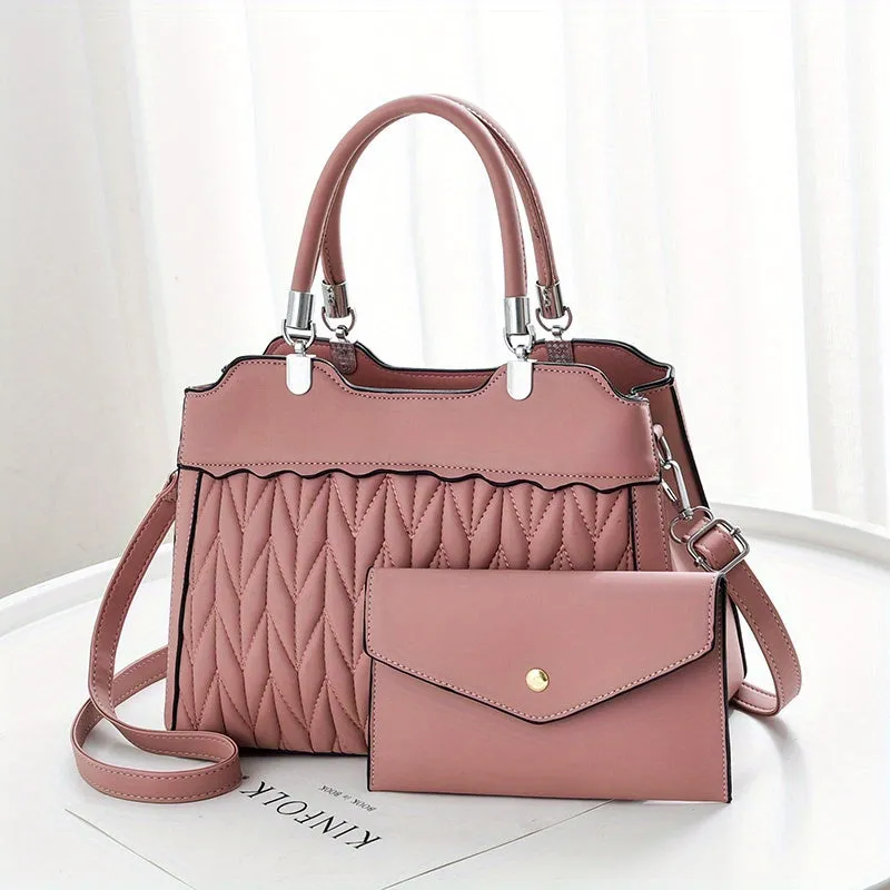 realaiot  2Pcs Quilted Handbags Set, Fashion Faux Leather Crossbody Bag With Clutch Purse, Women's Top Handle Satchel Purse