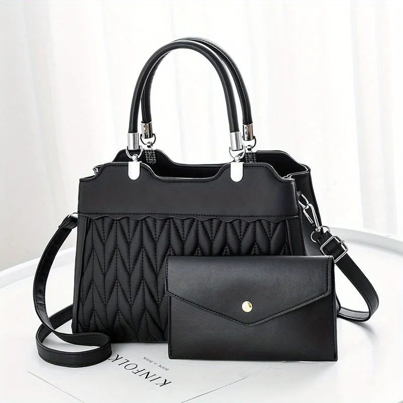 realaiot  2Pcs Quilted Handbags Set, Fashion Faux Leather Crossbody Bag With Clutch Purse, Women's Top Handle Satchel Purse