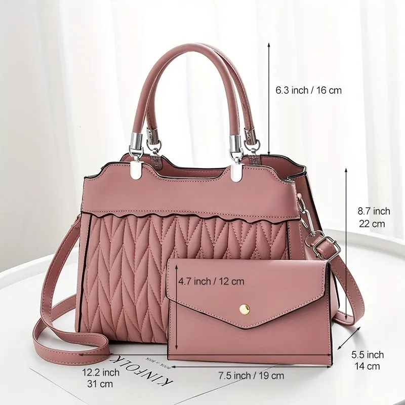 realaiot  2Pcs Quilted Handbags Set, Fashion Faux Leather Crossbody Bag With Clutch Purse, Women's Top Handle Satchel Purse