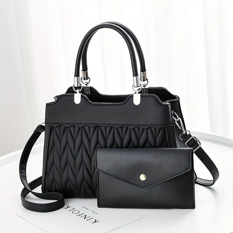 realaiot  2Pcs Quilted Handbags Set, Fashion Faux Leather Crossbody Bag With Clutch Purse, Women's Top Handle Satchel Purse