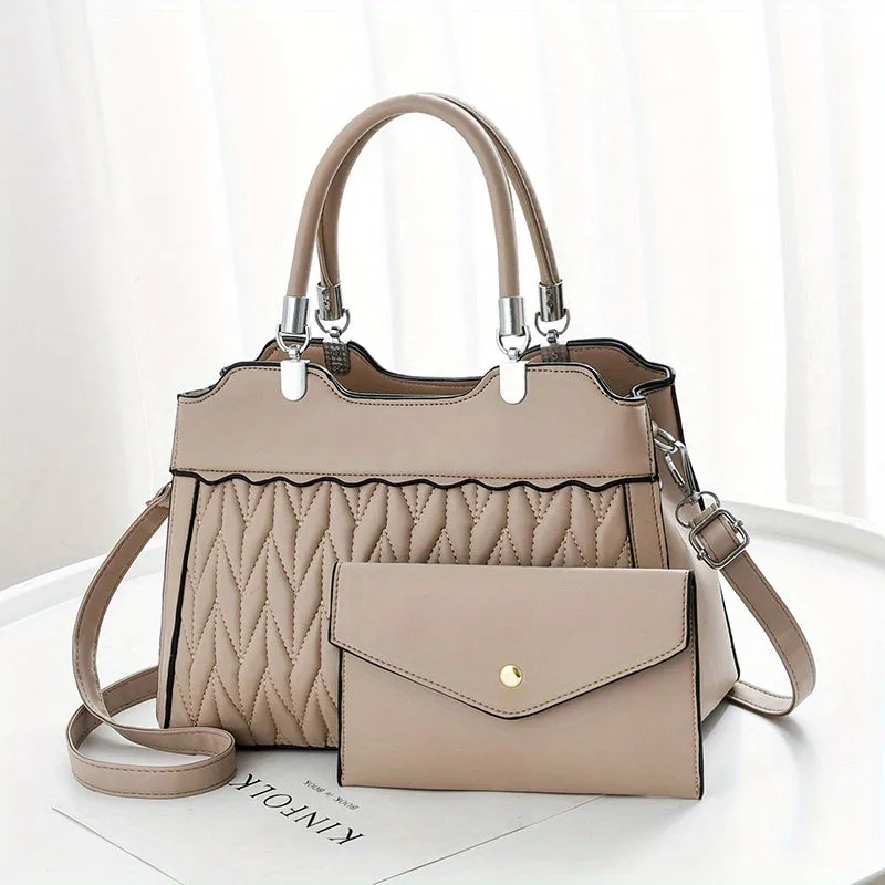 realaiot  2Pcs Quilted Handbags Set, Fashion Faux Leather Crossbody Bag With Clutch Purse, Women's Top Handle Satchel Purse