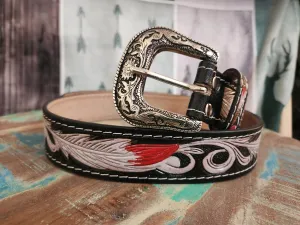 Red & white feather leather belt