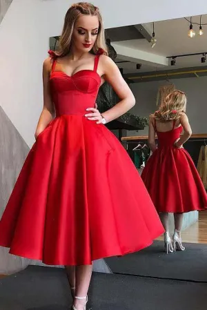 Red Homecoming Dresses A Line Vintage Tea-length Prom Dress Sexy Party Dress OHM148