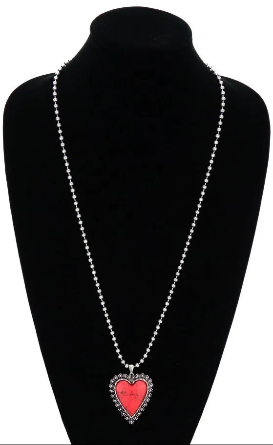 Red Stone Heart Pendant Ball Chain Necklace