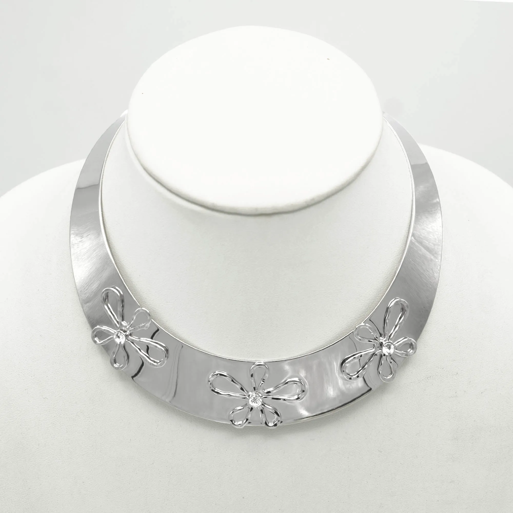 RHODIUM CRYSTAL FLOWER CHOKER NECKLACE #HN13273_RHOD