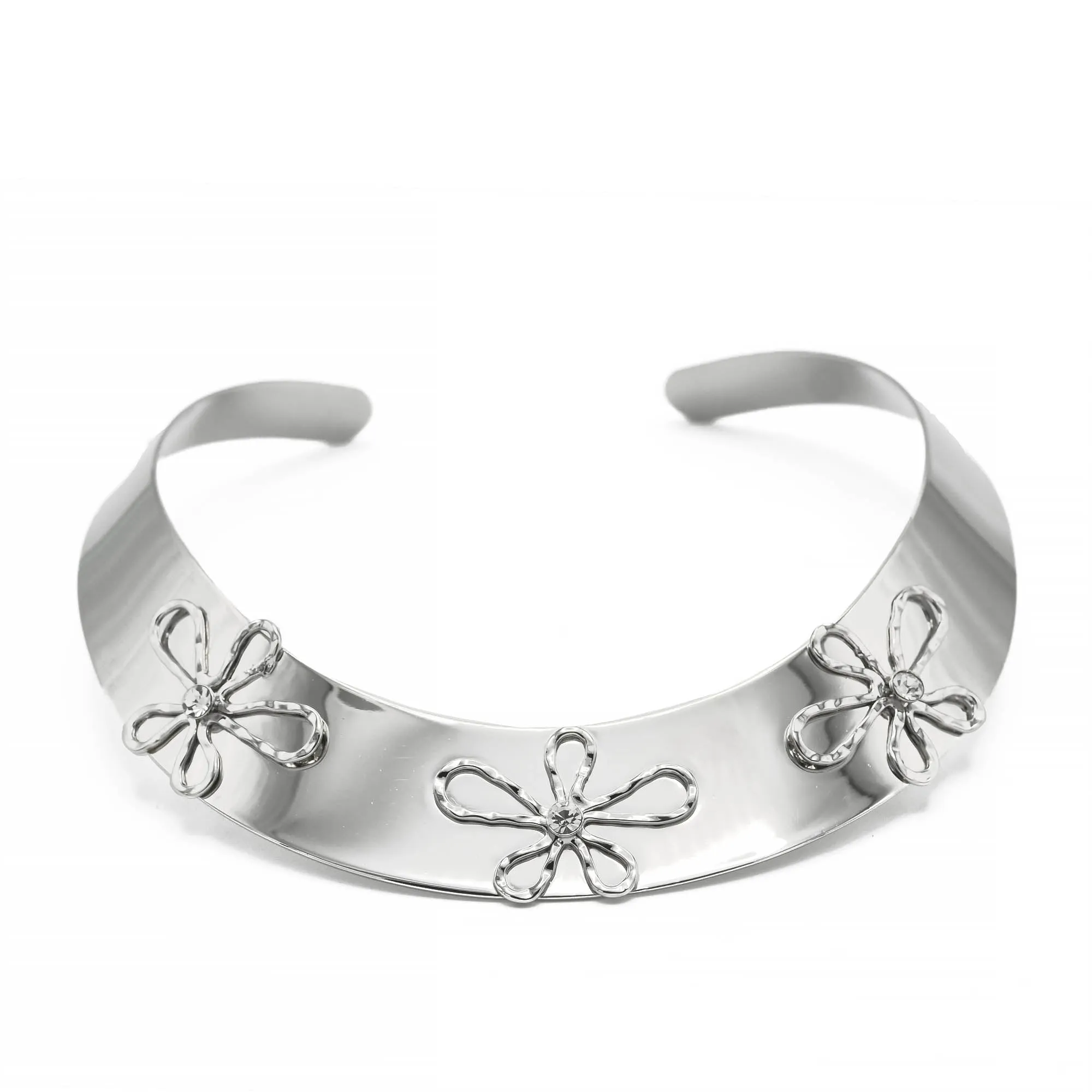 RHODIUM CRYSTAL FLOWER CHOKER NECKLACE #HN13273_RHOD