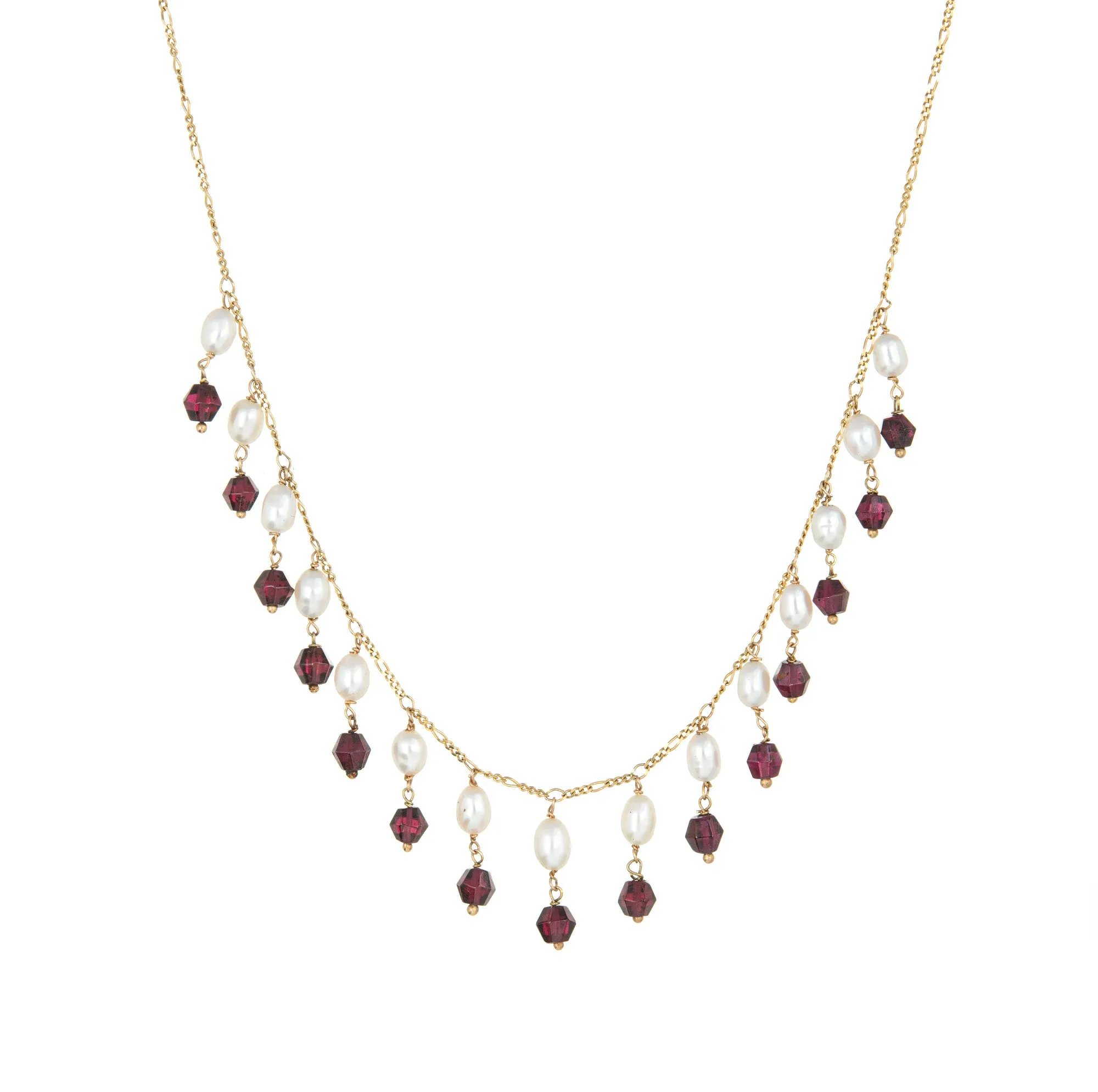Rhodolite Garnet Pearl Necklace Choker Fringe Vintage 14k Yellow Gold Jewelry