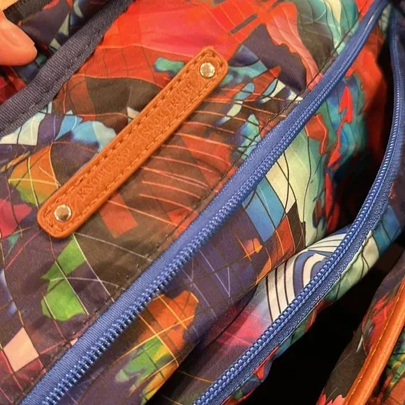 Robert Graham Navy Blue Duffel Travel Bag with Brown Leather Trim