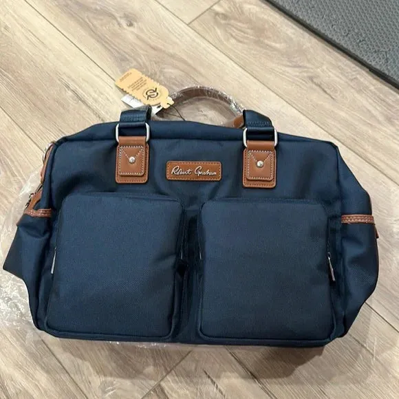 Robert Graham Navy Blue Duffel Travel Bag with Brown Leather Trim