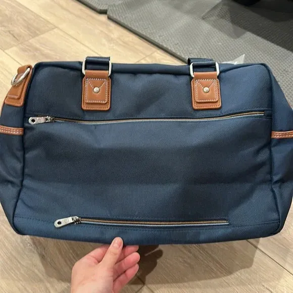 Robert Graham Navy Blue Duffel Travel Bag with Brown Leather Trim