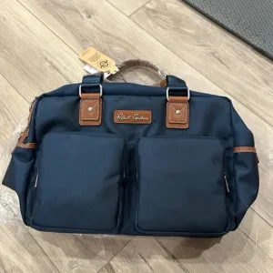Robert Graham Navy Blue Duffel Travel Bag with Brown Leather Trim