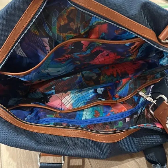 Robert Graham Navy Blue Duffel Travel Bag with Brown Leather Trim