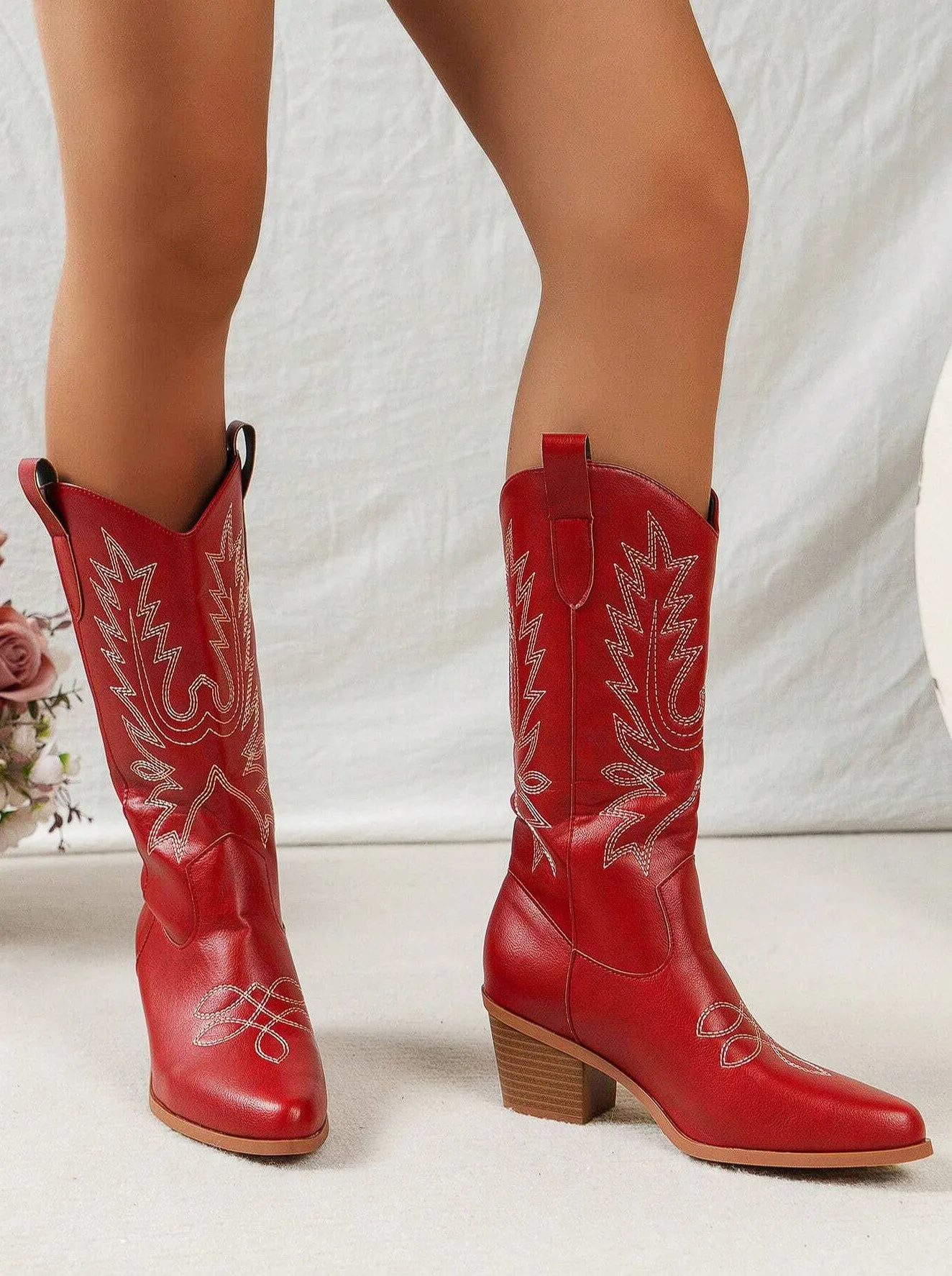 Rosanne Western CowGirl Faux Leather Boots in Red