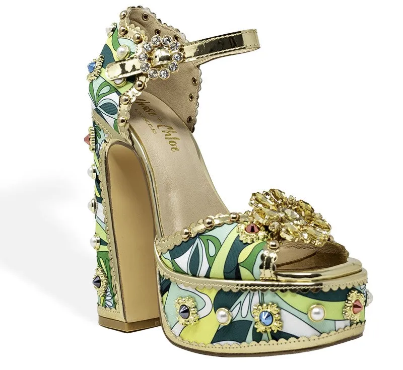 ROYAL-1  Green Gold Platform Heel Multi Print Satin and Gold Faux Leather Trim