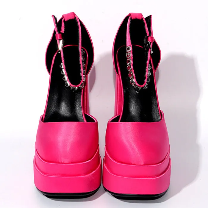 Satin Platform Square Toe Chunky Heel Sandals