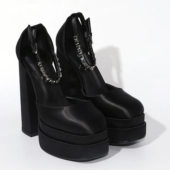 Satin Platform Square Toe Chunky Heel Sandals