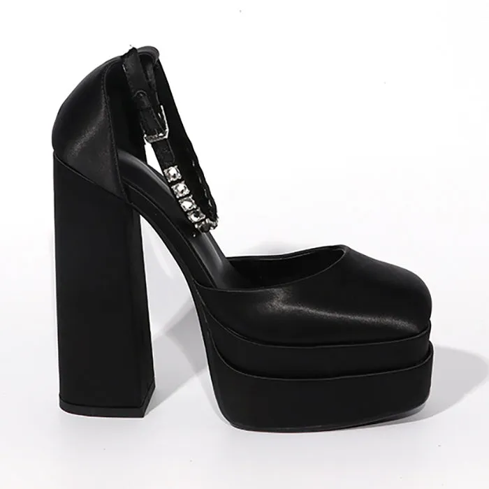 Satin Platform Square Toe Chunky Heel Sandals