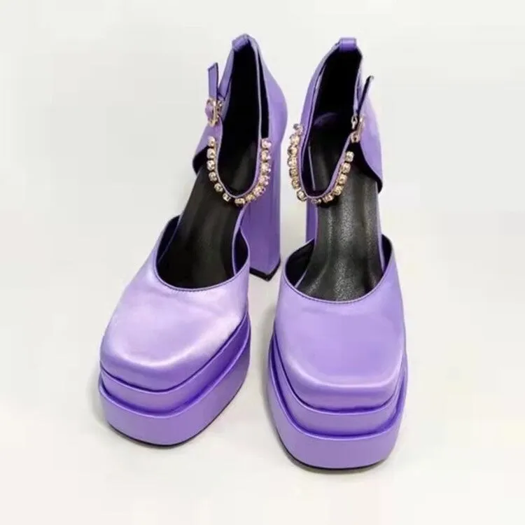 Satin Platform Square Toe Chunky Heel Sandals