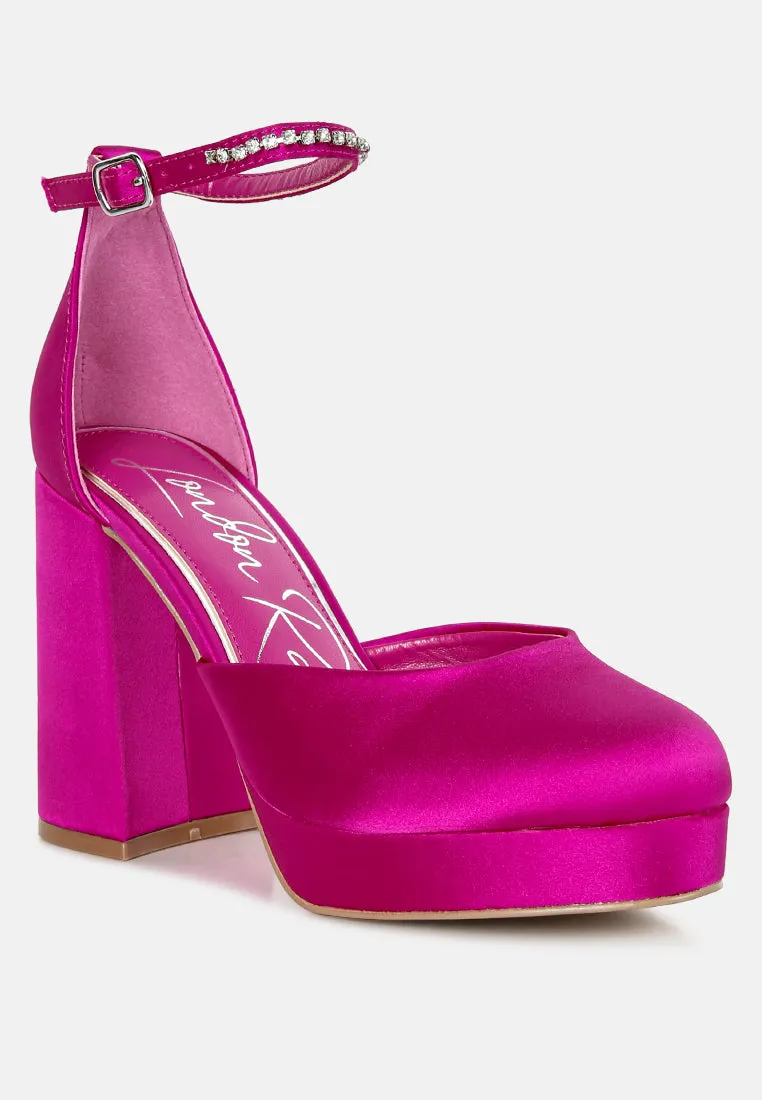Satin Rhinestone Embellsihed Strap Platform Heels By RUW