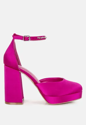 Satin Rhinestone Embellsihed Strap Platform Heels By RUW