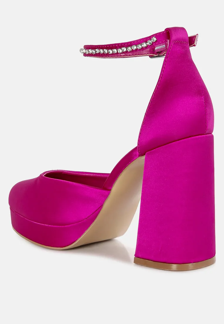 Satin Rhinestone Embellsihed Strap Platform Heels By RUW