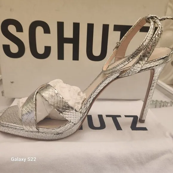 Schutz Leather &quot;Ava Rose Heels&quot; Metallic Snake Smash. NIB. Size 9.5