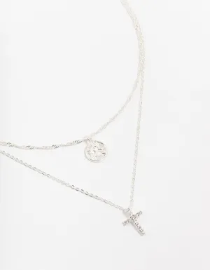 Silver Plated Brass  Cubic Zirconia Cross Coin Layered Necklace