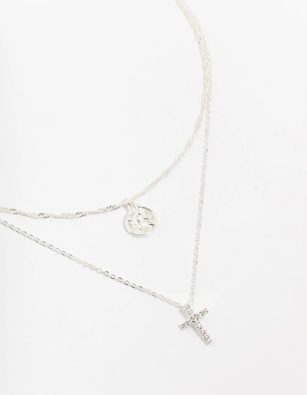 Silver Plated Brass  Cubic Zirconia Cross Coin Layered Necklace