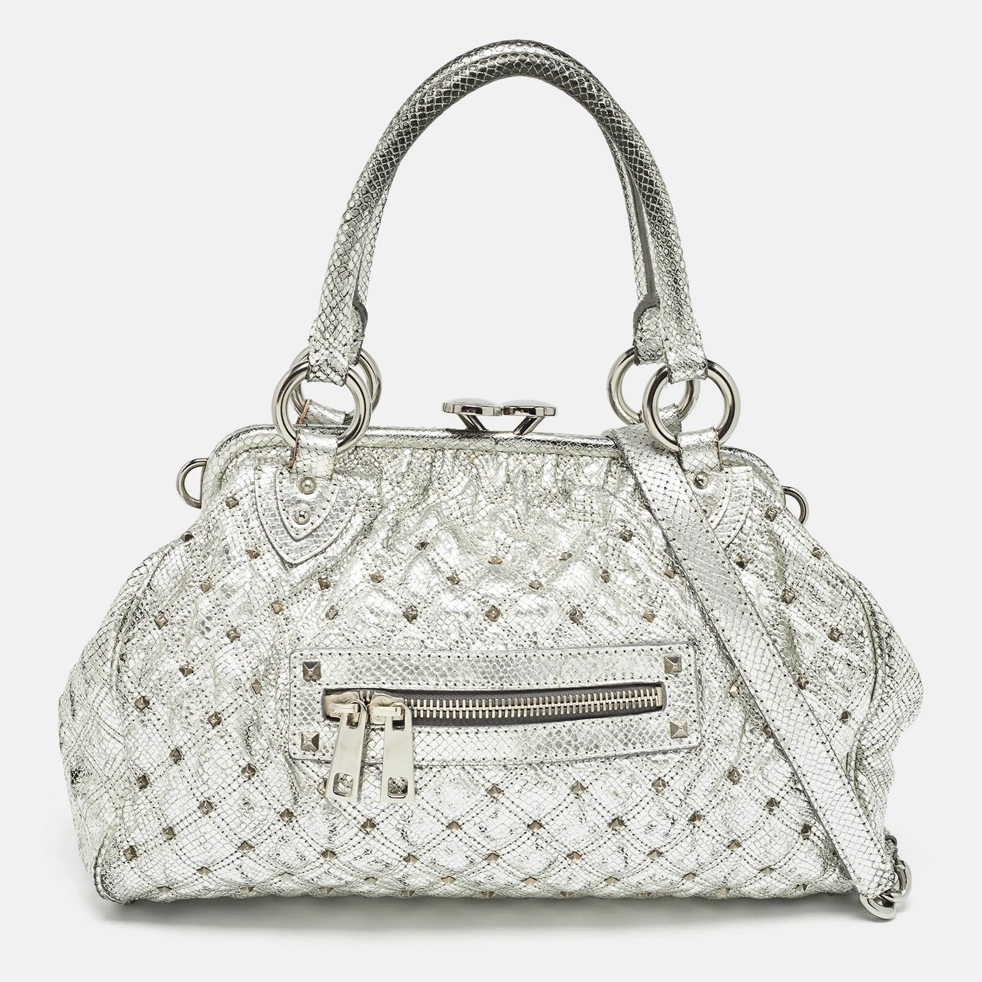 Silver Textured Quilted Leather Stam Satchel