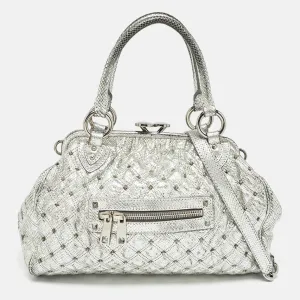 Silver Textured Quilted Leather Stam Satchel