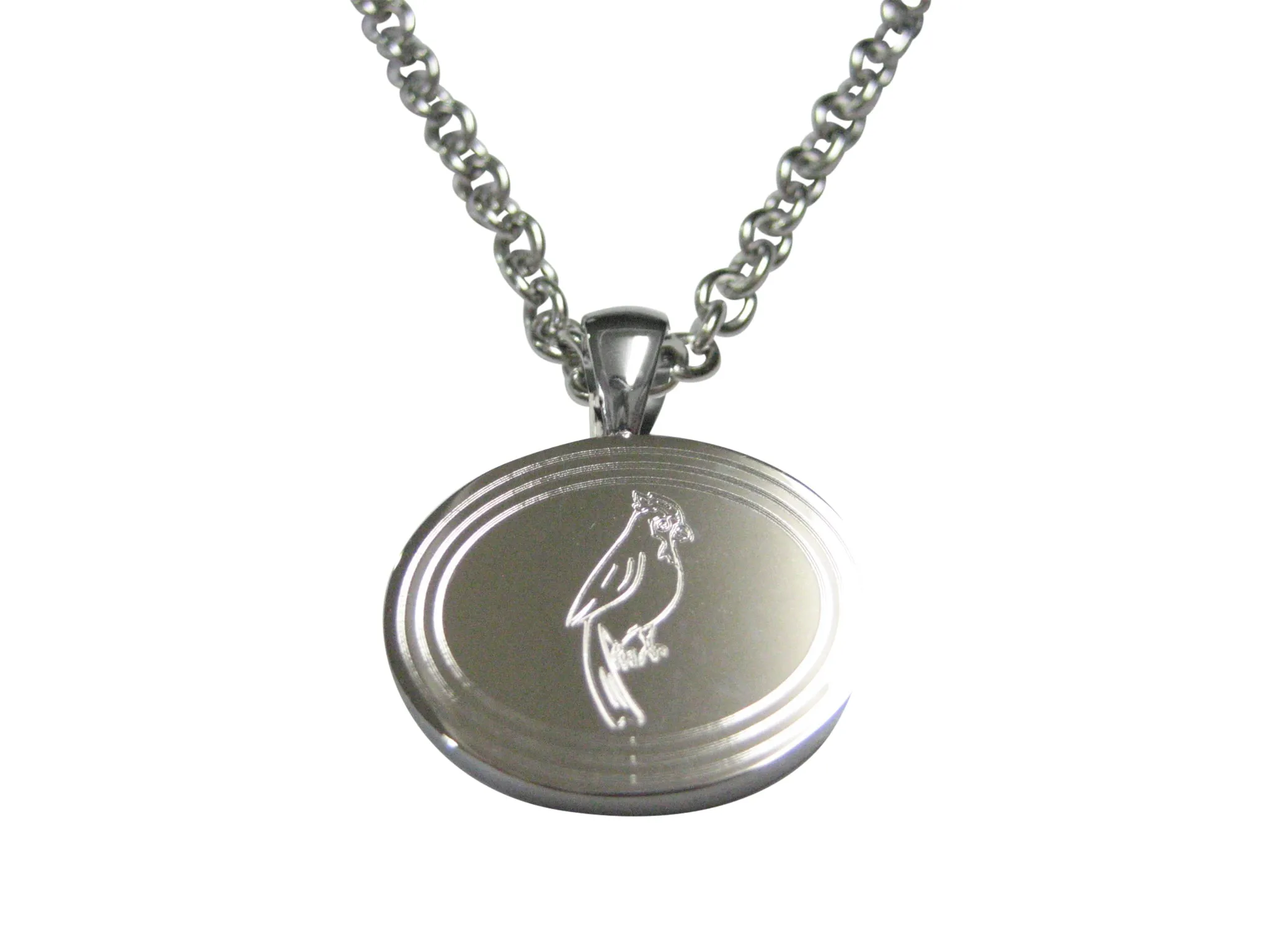 Silver Toned Etched Oval Small Tropical Bird Pendant Necklace