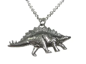 Silver Toned Textured Stegosaurus Dinosaur Pendant Necklace