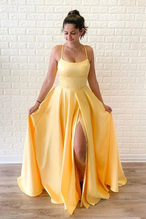 Simple A Line Yellow Satin Spaghetti Straps Sleeveless Long Slit Prom Dress Evening Dress OHC399