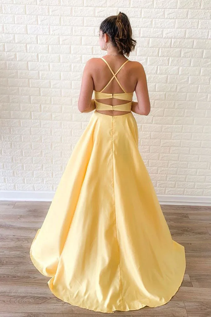 Simple A Line Yellow Satin Spaghetti Straps Sleeveless Long Slit Prom Dress Evening Dress OHC399