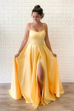 Simple A Line Yellow Satin Spaghetti Straps Sleeveless Long Slit Prom Dress Evening Dress OHC399