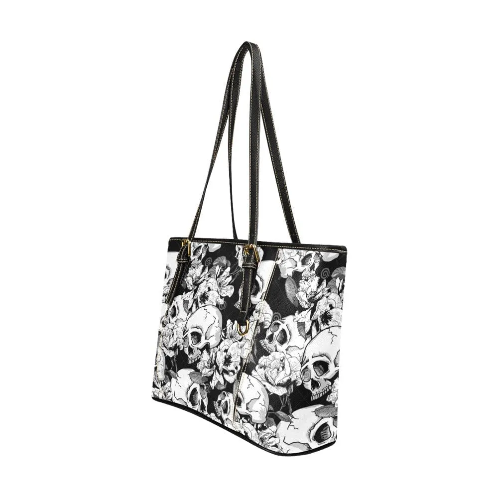 Skull Floral Grey White Leather Tote Bag