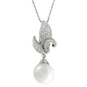 South Sea Pearl & Diamond Swan Pendant Necklace In 18k White Gold