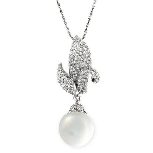 South Sea Pearl & Diamond Swan Pendant Necklace In 18k White Gold