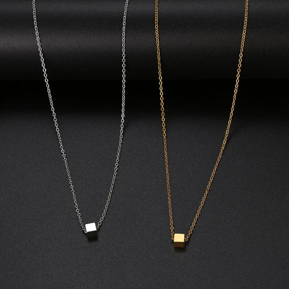 Square Cube Pendant Chain Necklace Stainless Steel Choker For Women Jewelry