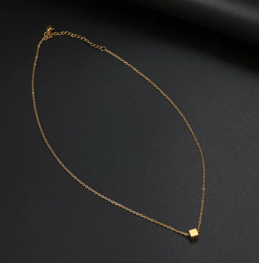 Square Cube Pendant Chain Necklace Stainless Steel Choker For Women Jewelry