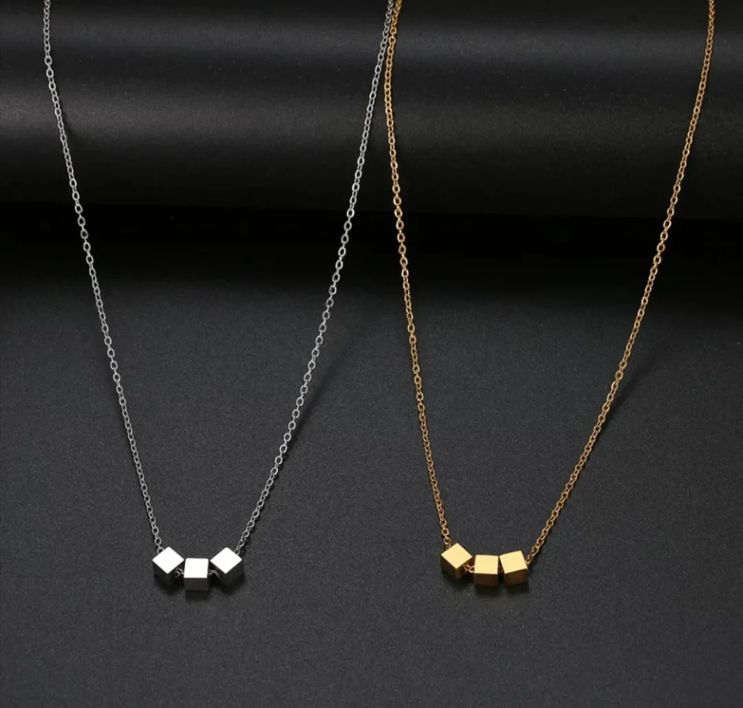 Square Cube Pendant Chain Necklace Stainless Steel Choker For Women Jewelry
