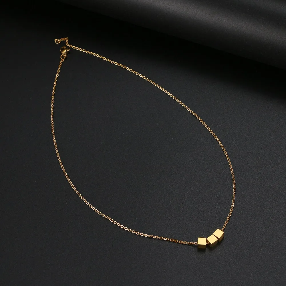 Square Cube Pendant Chain Necklace Stainless Steel Choker For Women Jewelry