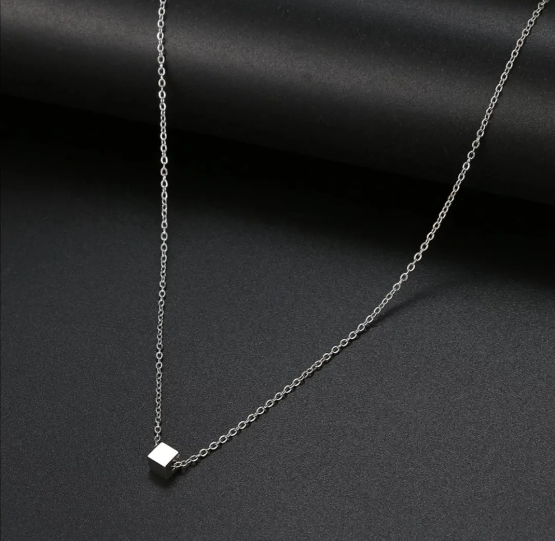 Square Cube Pendant Chain Necklace Stainless Steel Choker For Women Jewelry