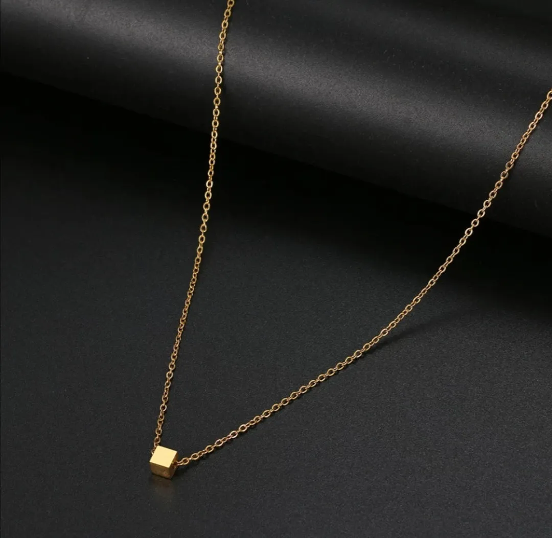 Square Cube Pendant Chain Necklace Stainless Steel Choker For Women Jewelry