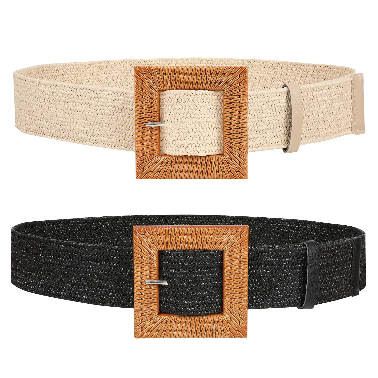 Straw Woven Elastic Stretch Belts Women, Wide Boho Braided Dress Belts with Wooden Style Buckle by JASGOOD
