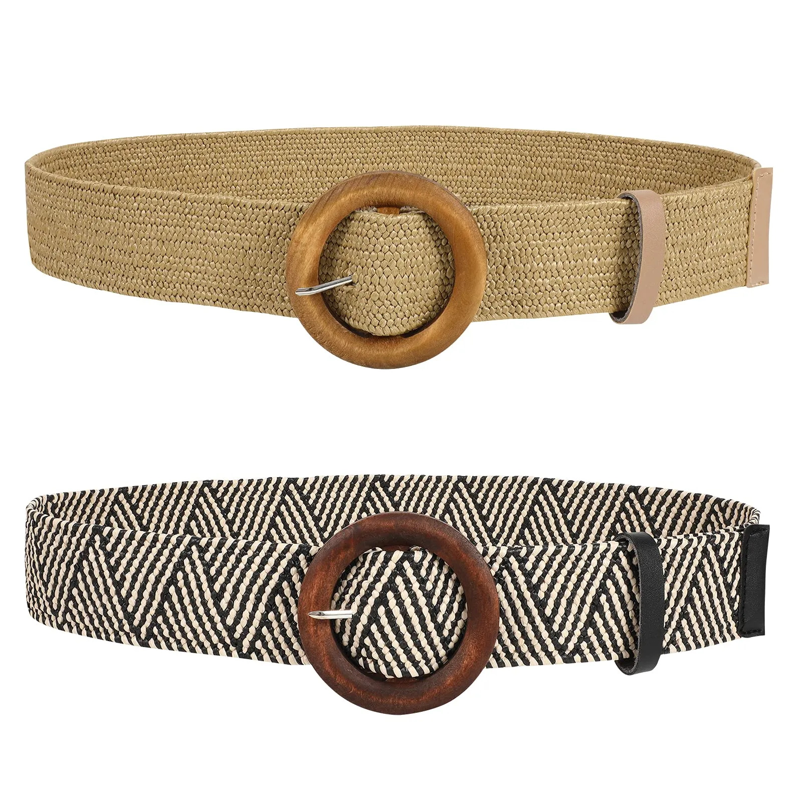 Straw Woven Elastic Stretch Belts Women, Wide Boho Braided Dress Belts with Wooden Style Buckle by JASGOOD