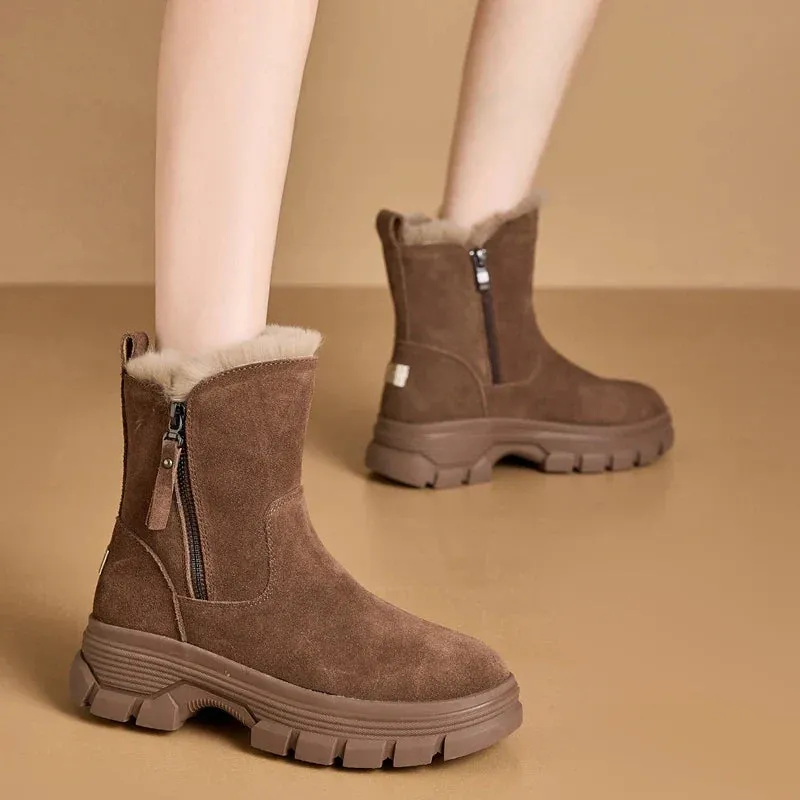 Suede Leather Side Zipper Warm Plush Snow Boot